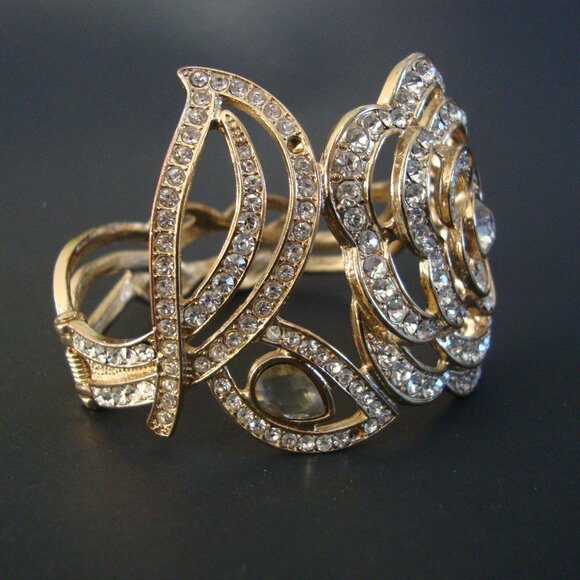 Vintage Gold Tone Clear Crystal Gemstone Hinged Cuff Bracelet - Picture 3 of 9